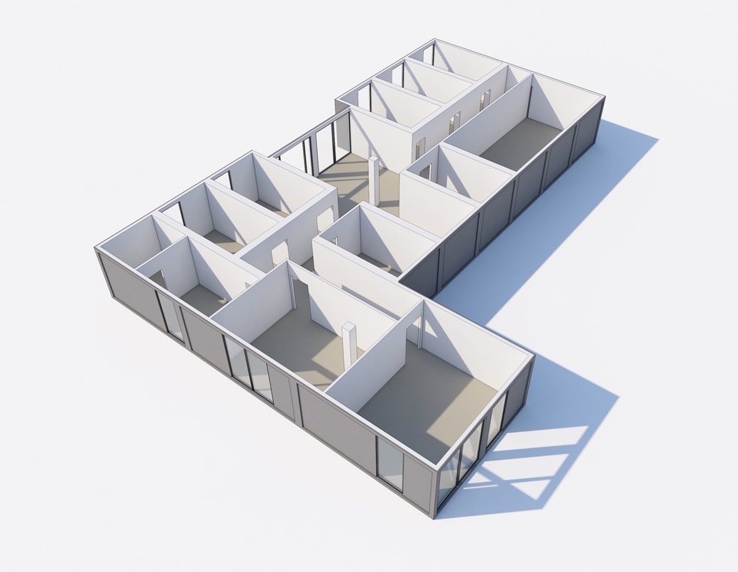 Grafika 3D | Animacje 3D | Projektowanie graficzne | Budynek z kontenerów modułowych | Wizualizacje 3D